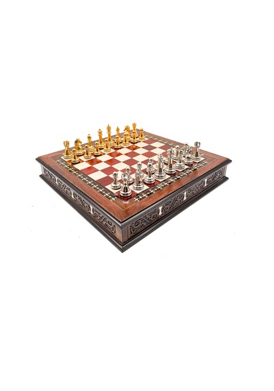 Özel - 328 - Tasarım El İşi Yuvarlak Satranç Tahtası Ve Metal Satranç Taşları Mcyv36 - - Muratech - Altın-gümüş, Kırmızı