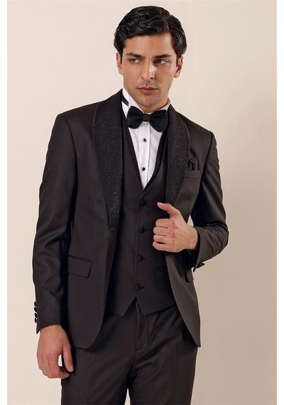 İmza Siyah Desenli Çıkarılabilir Şal Yaka Yelekli 6 Drop Slim Fit Smokin Damatlık Takım 1001230203-Siyah İmza Siyah Desenli Çıkarılabilir Şal Yaka Yelekli 6 Drop Slim Fit Smokin Damatlık Takım 1001230203-Siyah