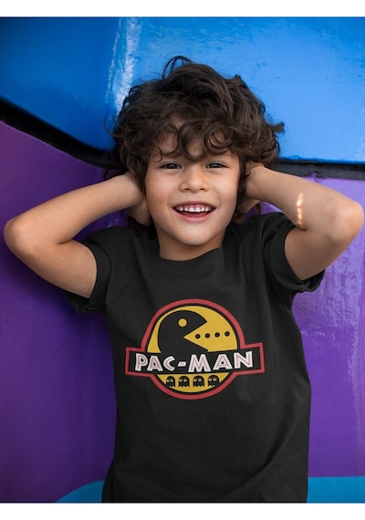 Sevbano Pacman Baskılı Unisex Oyun Çocuk Tişört 1-12 Yaş SIYAH