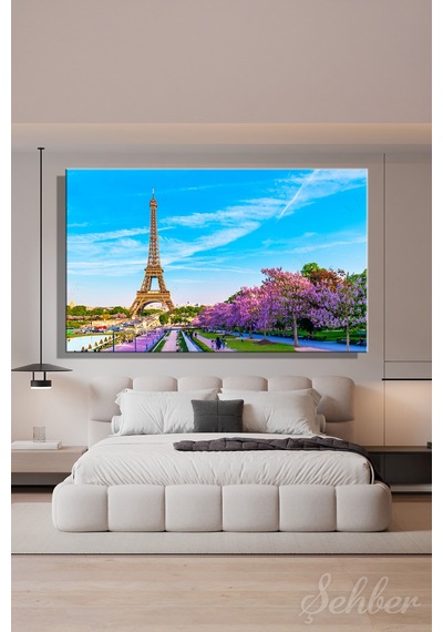 Yatay Kanvas Tablo Tekli Ev Kafe Ofis Paris Eyfel Kulesi Bahar Çiçek Açmış Ağaçlar 2346