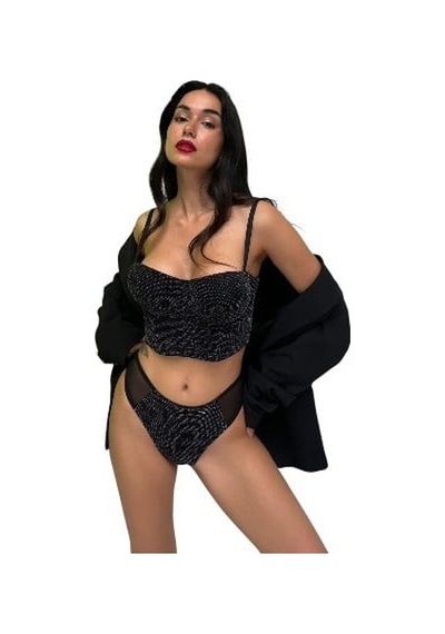 Onsekiz18shop Destekli Pırıltılı Taşlı Siyah Büstiyer Takım