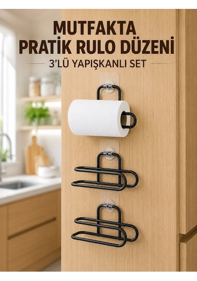 3 Lü Yapışkanlı Wc Kağıtlığı Siyah Rulo Tutucu Banyo Ve Mutfak Kullanımı Renkli