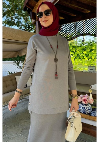 Rabia Şamlı Sezen Triko Takım Gri Çok Renkli