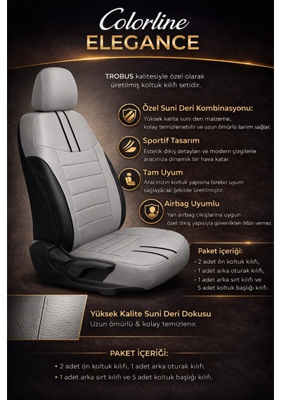 Hyundai Accent Era 2006-2011 Uyumlu Colorline Elegance Deri Gri Siyah Koltuk Kılıfı