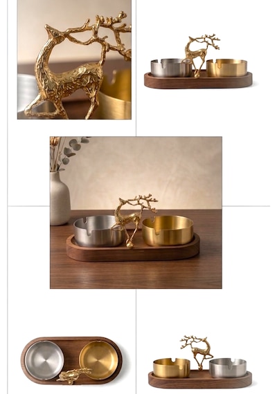 Küllük Ahşap Sunumluk Lüks Geyik Stand Gold-gümüş Metal İkili Dekoratif Küllük Gold