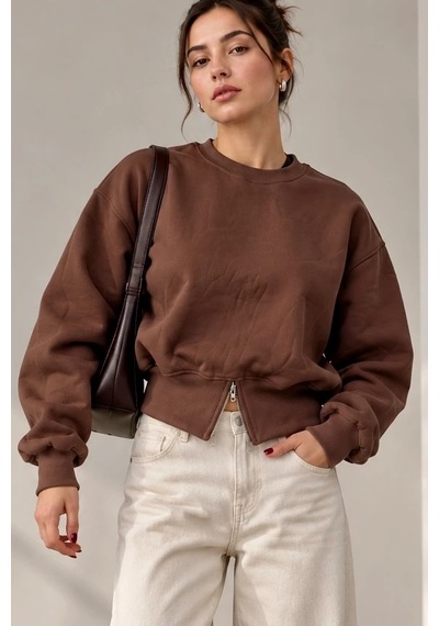 Bbbutikbasic Fermuar Detaylı Şardonlu 3 İplik Kadın Sweatshirt My3535 Kahverengi
