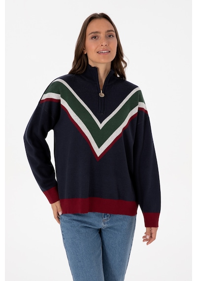 U.S. Polo Assn. Kadın Lacivert V Yaka Fermuarlı Kazak 50309614-VR033
