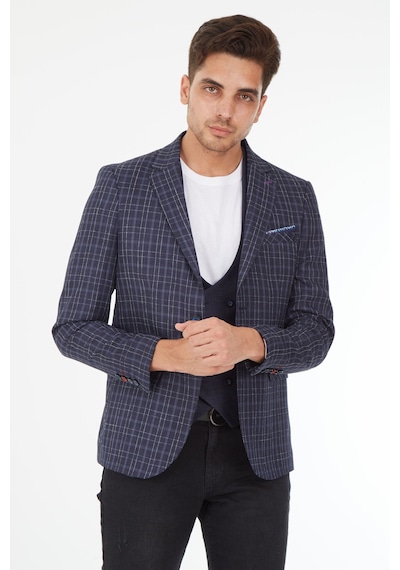 Sposo 5140 Yelekli Dar Kalıp Lacivert Ekose Erkek Blazer Ceket Lacivert