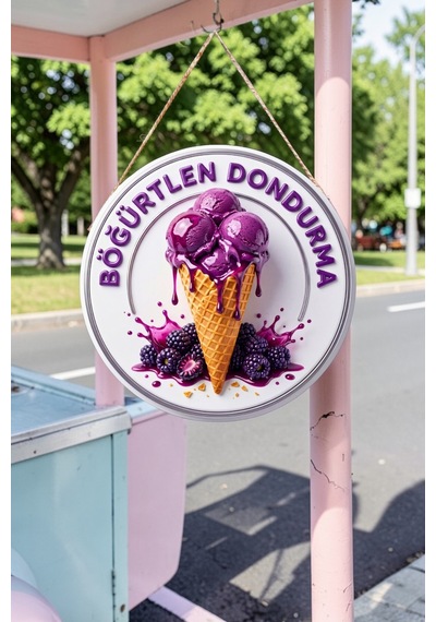 Böğürtlen Dondurma Görselli İpli Ahşap Kapı Ve Duvar Süsü, Cafe, Dondurmacı Tabelası, Tatlıcı Dekoru