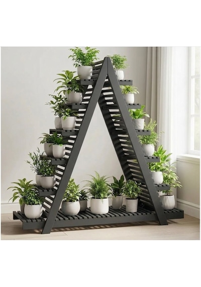 Antrasit Ahşap A Formlu Dekoratif Çiçeklik Standı - 150x150 Cm Geniş Saksı Rafı Gri