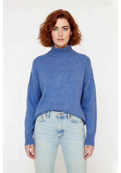 Ersefa Kadın Basic Oversize Dik Yaka Triko Kazak Düşük Kol Uzun Boy Kışl mavi
