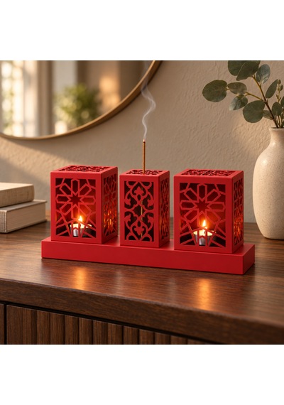 Lazer Kesim Metal Tealight Mumluk Ve Tütsülük Seti Geometrik Selçuklu Yıldızı Motifli Modern Ev Dekoru Benzersiz Masa Süsü Ve Hediye Kırmızı
