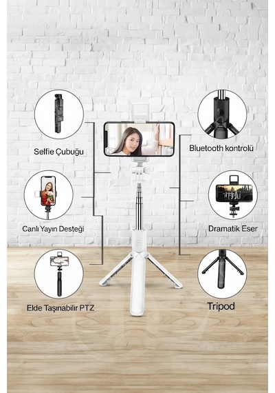 Led Işıklı Selfie Çubuğu Bluetooth Kumandalı Kablosuz Tripot Selfie Monopod Selfie Stick Beyaz