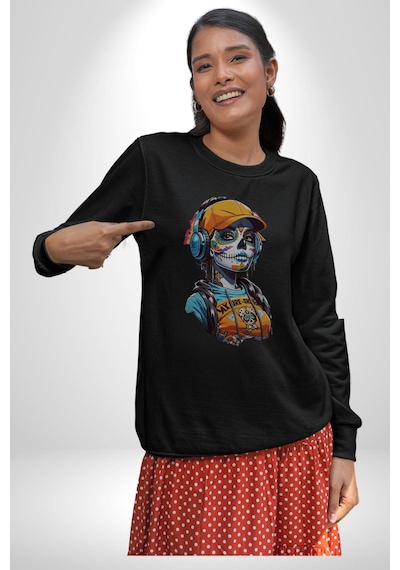 Robot Kız Müzik Kulaklık Şapka Unisex Siyah Baskılı Sweatshirt Siyah