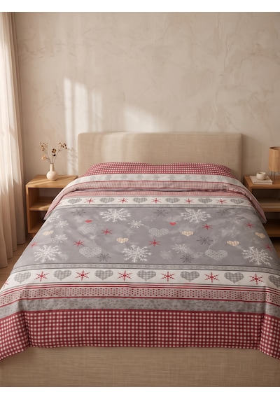 Maki Home Yastık Kılıfsız Çift Kişilik 200x220 Cm Pamuklu Tek Nevresim Gri Kalpli Ve Kar Tanesi Desenli