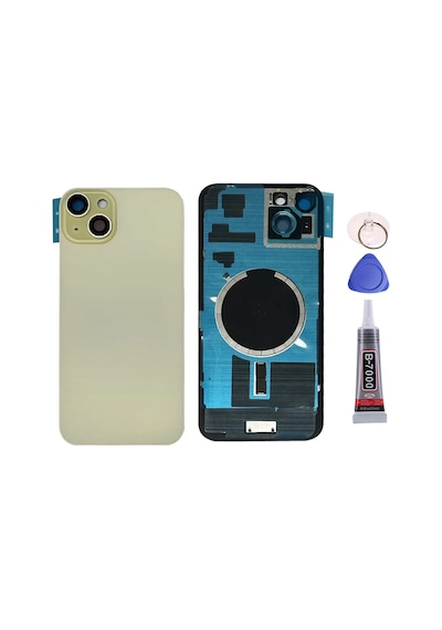 Apple Uyumlu iPhone 15 Plus Sarı Full Nfc Ve Demirli Arka Kapak Batarya Kapağı Pil Kapağı Yapışkan Ve Sökme Aparatıyla Beraber Full Set Sarı