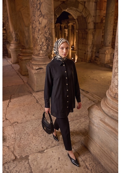 Armine Trend Gold Düğme Detaylı Klasik Yaka Uzun Tunik Rahat Kesim Şık Tesettür Tunik Modeli 89 Cm Boy Siyah 26yt471