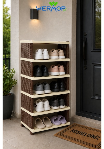 5 Katlı Rattan Görünümlü Ayakkabılık Ayakkabı Rafı Organizer Bej - Kahverengi