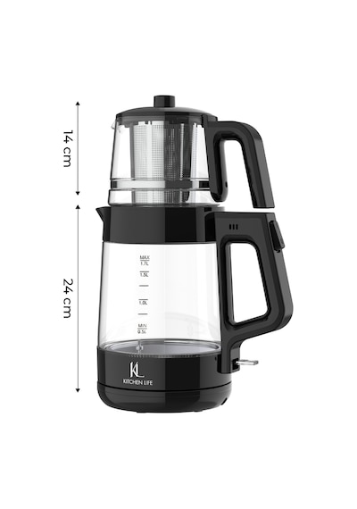 Demzade Isıya Dayanıklı Borosilikat Cam Elektrikli Çay Makinesi Alt 1,7 Lt Üst 0,9 Lt 1850-2200 W Kettle Çaycı Çay Seti