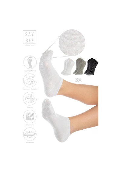Saysez Bambu Kadın Kaydırmaz Siyah-beyaz-gri Taban Silikon Pilates Yoga Fitness Dans Aktivite Patik 3'lü Renkli