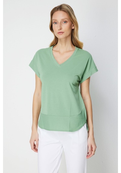 On Kadın V Yaka Parçalı T-shirt 71475 Haki