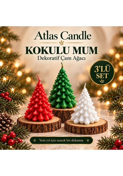 3 Lü Kokulu Yılbaşı Mum Seti - Kırmızı, Yeşil Ve Beyaz Çok Renkli