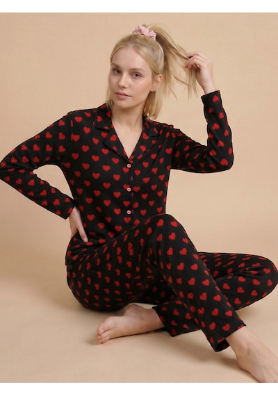 Wordex Mirano 9800 Şardonlu Soft Kışlık Düğmeli Kalp Desenli Kadın Pijama Takım Siyah