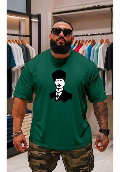 Atatürk Baskılı Oversize Unisex Tişört Yeşil