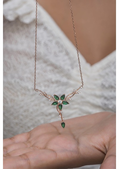 925 Ayar Gümüş Rose Daldaki Gonca Yeşil Çiçek Kolye Rose Gold