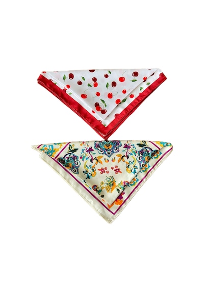 2 Li Saten Bandana Seti Saten Fular Saten Çanta Aksesuarı Özel Desen Bandana 45x50 Cm Haki - Mor