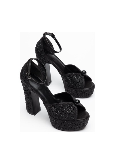 Dilimler Ayakkabı Siyah Kadın Platform Topuklu Taşlı Abiye Ayakkabı Bocuk Aksesuarlı-5189
