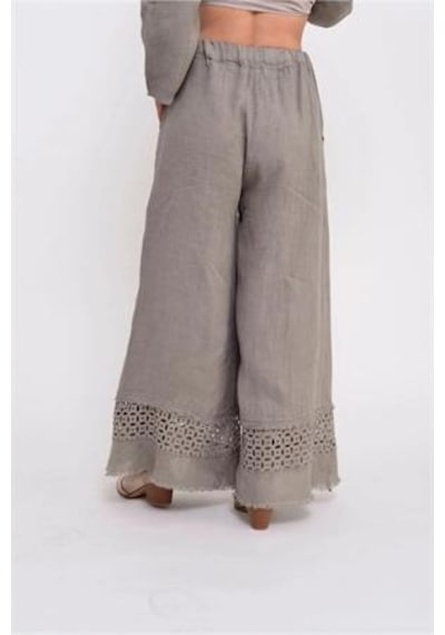 Bohem Stil İtalyan Fisto Detaylı Keten Pantolon-8748 Vizon