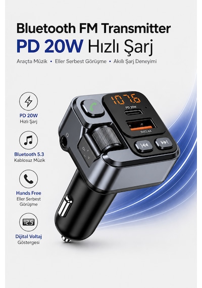 Bluetooth 5.3 Fm Transmitter Araç Çakmaklık Şarj Cihazı Pd 20w Type-c Usb Hızlı Şarj Aux Eller Serbest Konuşma Dijital Voltaj Göstergeli