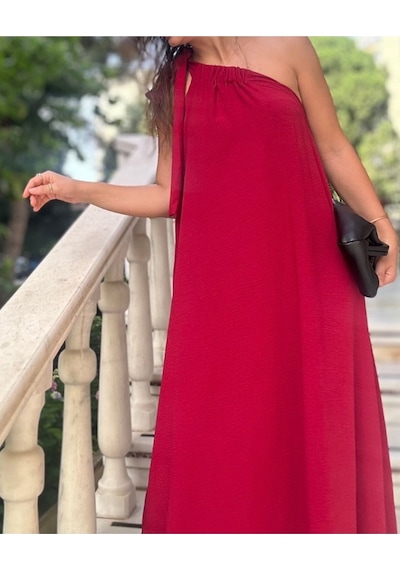 Lasorella Butik Kadın Bordo Tek Omuz Uzun Elbise Bordo