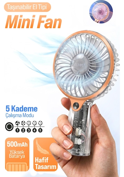 Auhma Aufn04 Taşınabilir Mini El Fanı Turuncu Şarjlı, Sessiz, 500mah Type-c Kablosuz Mini Fan