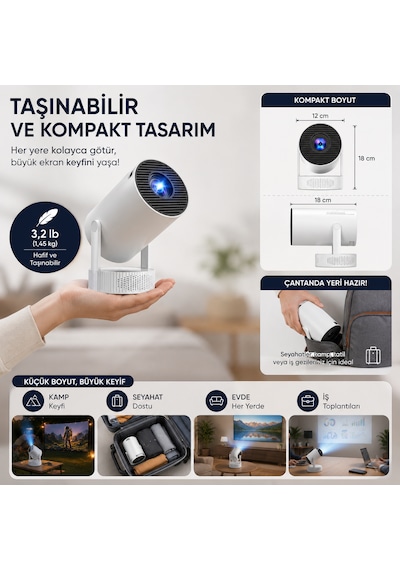 Teknomie 4k Destekli Mini Akıllı Projeksiyon Cihazı Dahili Bataryalı Wifi 6 Bluetooth 5.2 Taşınabilir Projektör
