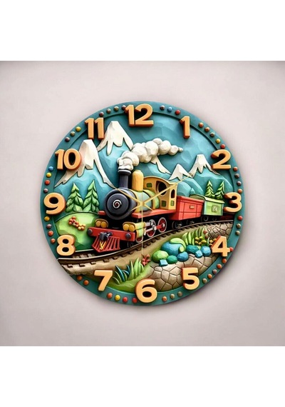 AA Shop Renkli Baskı Tren Çocuk Desenli Sayılı Hediyelik Ahşap Sessiz Duvar Saati 50cm ÇOk Renkli