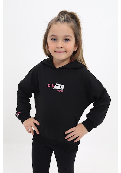 Kız Çocuk Relax Fit Kapüşonlu Düşük Omuz Baskılı Sweatshirt - 2 İplik Siyah
