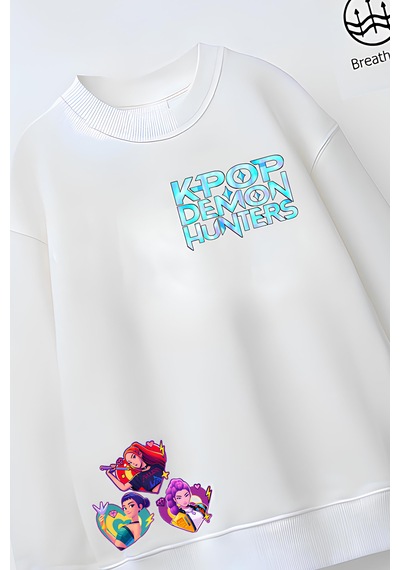 Tam Kalıp Oversize Kız Çocuk Pamuğa Pamuk 3 İplik Kumaş Pop 2 Tasarım Sweatshirt Beyaz