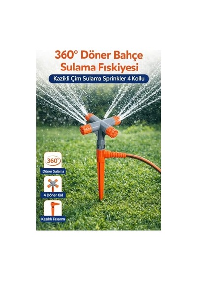 360 Döner Bahçe Sulama Fıskiyesi, 4 Kollu Otomatik Sprinkler, Kazıklı Tasarım, Geniş Alan Kaplama
