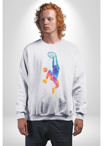 Smaç Basketbol Renkli Unisex Beyaz Baskılı Sweatshirt Beyaz