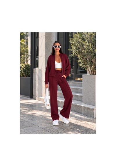 Gugus Kadın Fermuarlı Kolej Yaka Aysho Model Bol Paça Wide Leg Eşofman Takımı Bordo