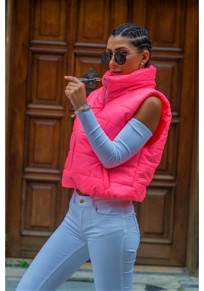 Genel Pembe Dik Yaka Beli Lastikli Cepli Kısa Şişme Yelek