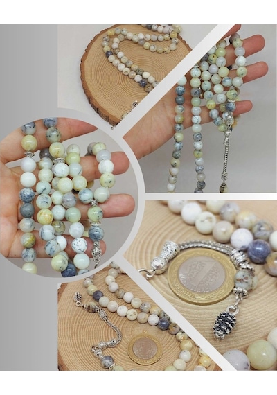 Beyaz Alacalı Opal Taşı 99luk Tesbih 8mm 36140 Çok Renkli