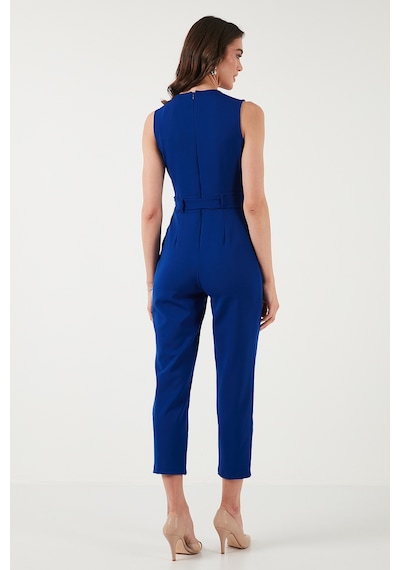 Lela Slim Fit Düz Paça Kruvaze Yaka Kemerli Bayan Tulum 6783626 Saks