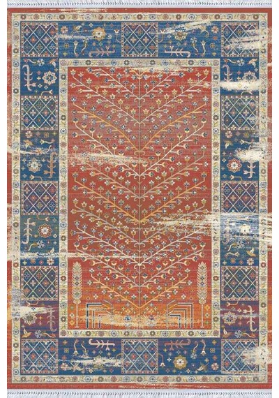 Kiremit Çerçeveli Dokuma Pamuk Taban Kaymaz Kilim Klm336n11