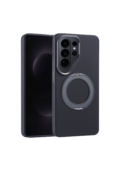 Maks Technology Galaxy Uyumlu S26 Ultra Kılıf M-safe Şarj Özellikli Karbon Fiber Görünümlü Mkst Standlı Troy Kapak - Siyah