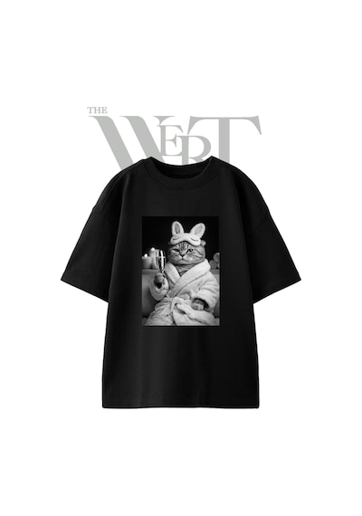 Thewert Kedi Bornoz Maske Tasarım Baskılı Ünisex Siyah Oversize T-shirt