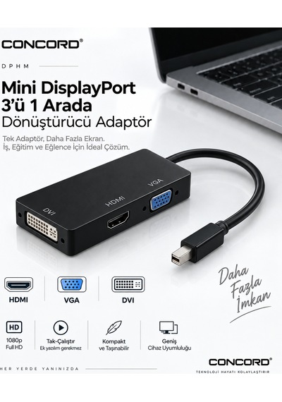 Concord Dphm Mini Displayport Thunderbolt - Hdmı Vga Dvı 3'ü 1 Arada Dönüştürücü Adaptör Siyah