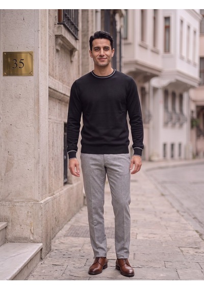 Maccali Erkek Siyah Kontrast Şeritli Bisiklet Yaka Triko Sweatshirt